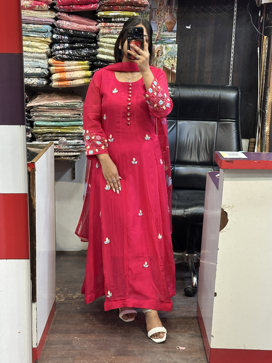 Hot Pink Organza Designer Anarkali Dress with Handwork Sleeves with Pant and Full Brush Paint Organza Dupatta