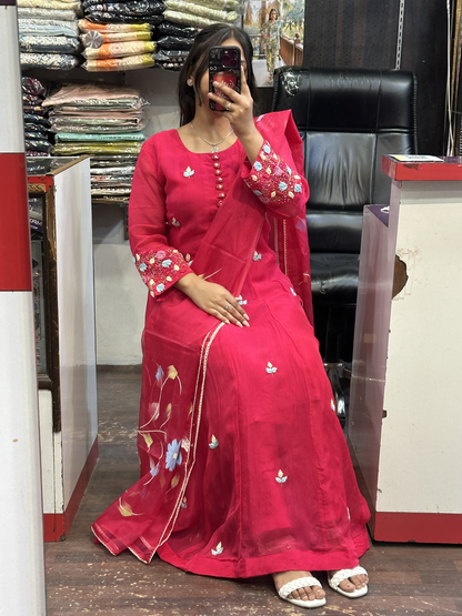 Hot Pink Organza Designer Anarkali Dress with Handwork Sleeves with Pant and Full Brush Paint Organza Dupatta