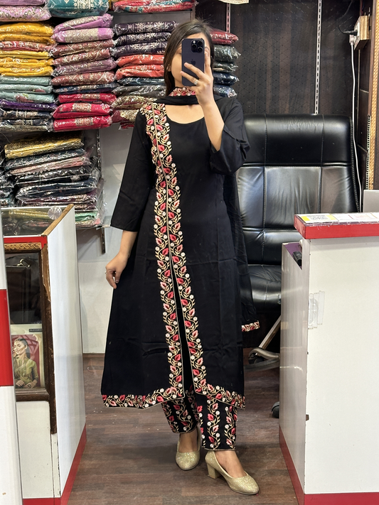 A Line Black Ryon Cotton Hand Embroidered Dress with Four sided border Pure Dupatta