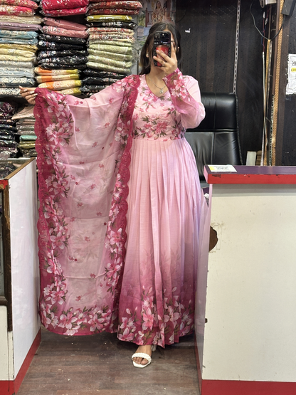 Rose pink Chiffon Floral Print Anarkali Suit with Hand embroidery Work on neck & Embroidered Organza Duppata