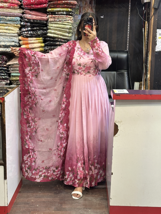 Rose pink Chiffon Floral Print Anarkali Suit with Hand embroidery Work on neck & Embroidered Organza Duppata