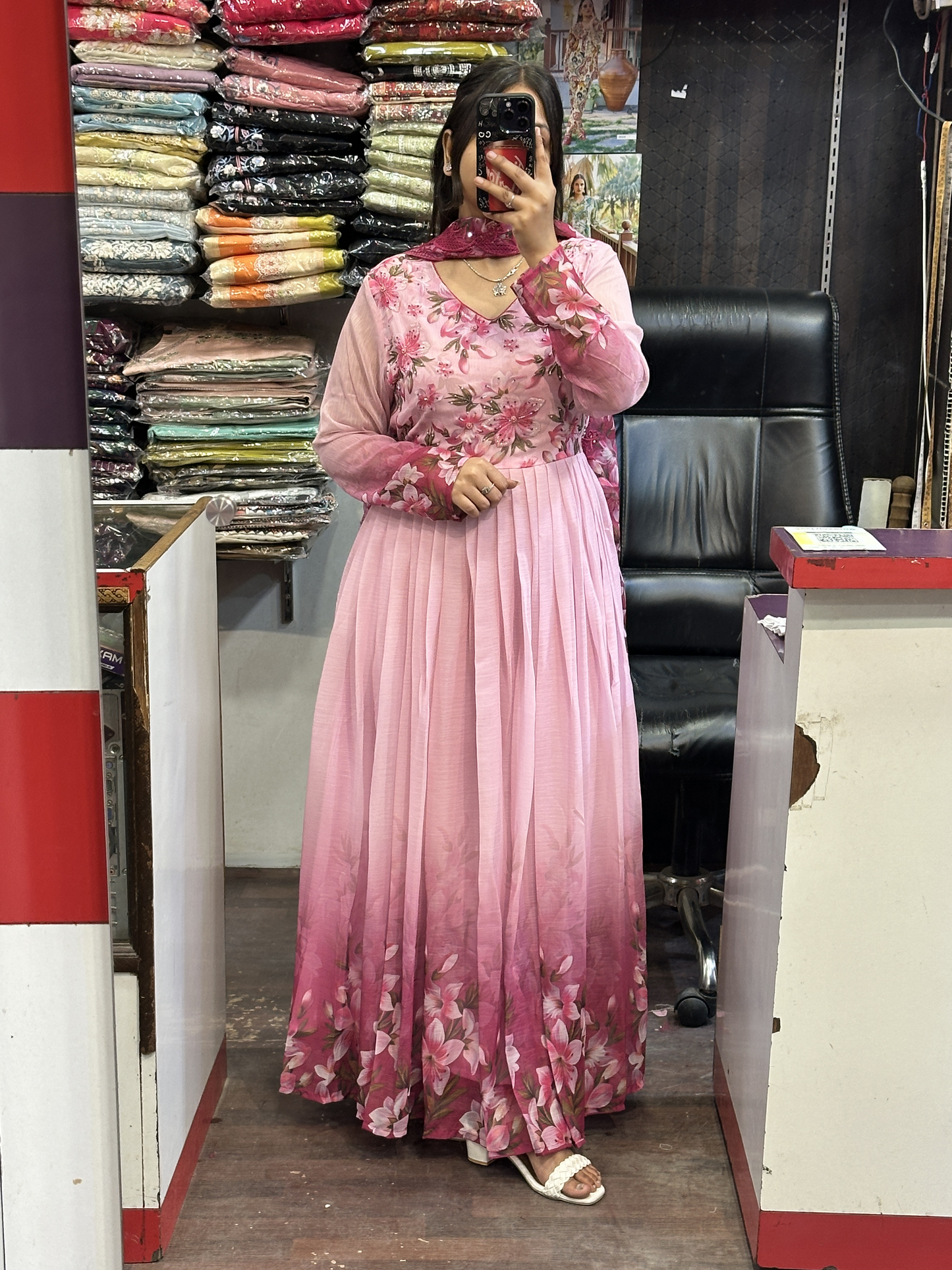 Rose pink Chiffon Floral Print Anarkali Suit with Hand embroidery Work on neck & Embroidered Organza Duppata