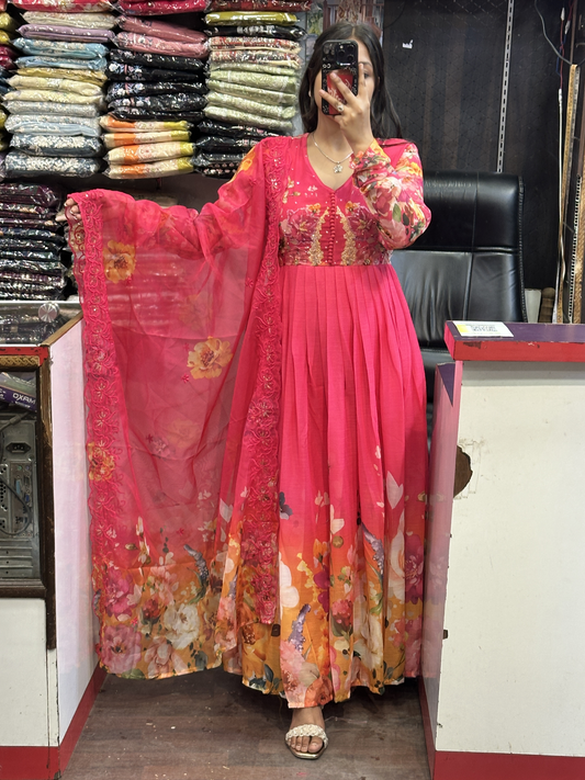 Vibrant Pink Soft Chiffon Hand Embroidered Full Flair Anarkali Suit with Beautiful Embroidered Organza Duppata
