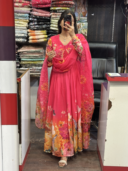 Vibrant Pink Soft Chiffon Hand Embroidered Full Flair Anarkali Suit with Beautiful Embroidered Organza Duppata