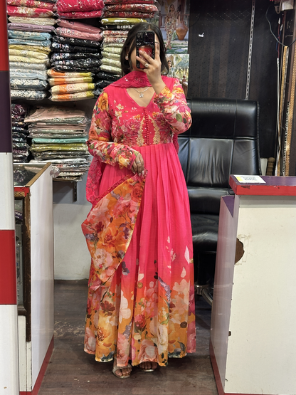 Vibrant Pink Soft Chiffon Hand Embroidered Full Flair Anarkali Suit with Beautiful Embroidered Organza Duppata