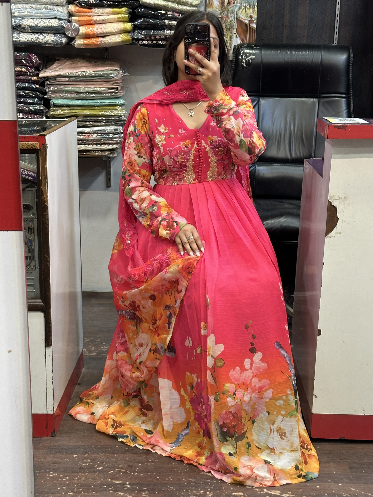 Vibrant Pink Soft Chiffon Hand Embroidered Full Flair Anarkali Suit with Beautiful Embroidered Organza Duppata