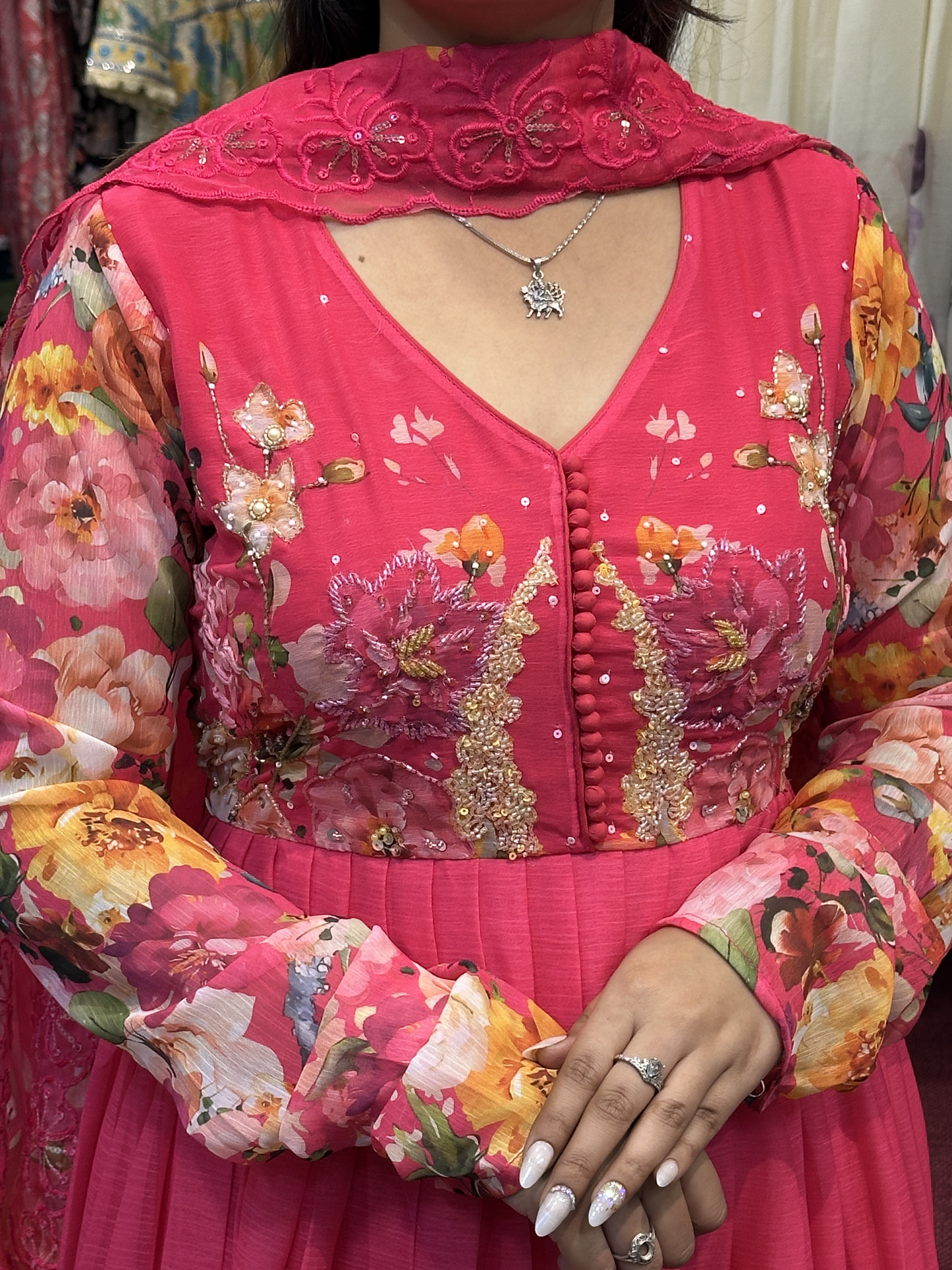 Vibrant Pink Soft Chiffon Hand Embroidered Full Flair Anarkali Suit with Beautiful Embroidered Organza Duppata