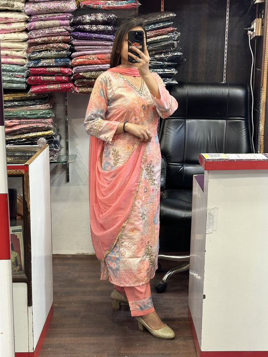 Cotton chiffli handwork Multi kurta with lining pant suit along side pure four sided lace dupatta 🛍️