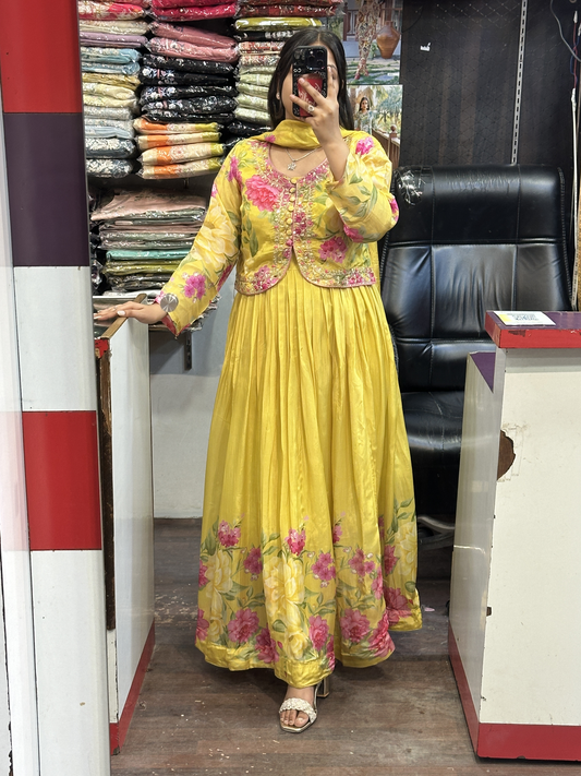 Yellow Crepe Floral Print Full Flair Anarkali Suit with Embroidered Jacket