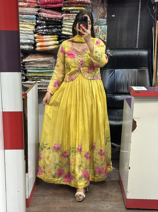 Yellow Crepe Floral Print Full Flair Anarkali Suit with Embroidered Jacket
