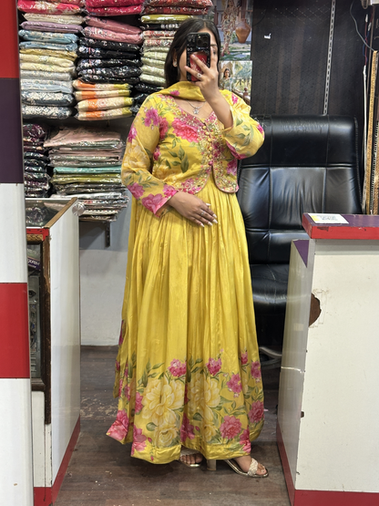 Yellow Crepe Floral Print Full Flair Anarkali Suit with Embroidered Jacket