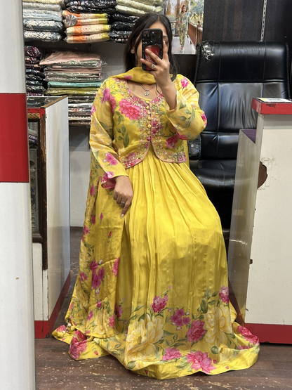 Yellow Crepe Floral Print Full Flair Anarkali Suit with Embroidered Jacket