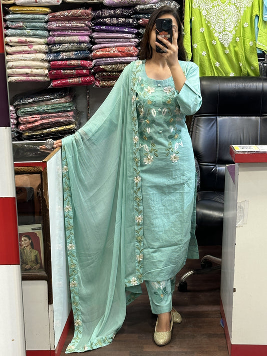 Aqua green premium Malmal cotton Handwork embroidered suit along side pure four sided embroidered dupatta 🛍️