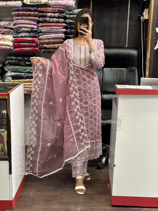 Mauve Shade Full Embroidery Straight Pant Suit in Cotton  And full Embroidery Organza Dupatta