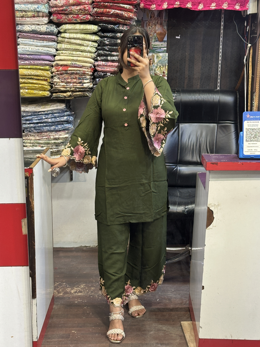 Mehndi Coord Set with Designer Embroidered Sleeves and Embroidered Plazo