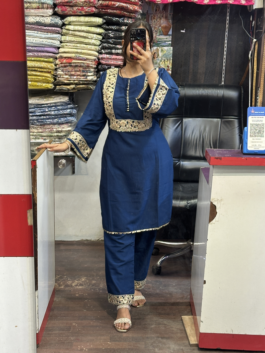 Navy Blue Coord Set in Silk Fabric with Gotta Work & Pakistani sleeves