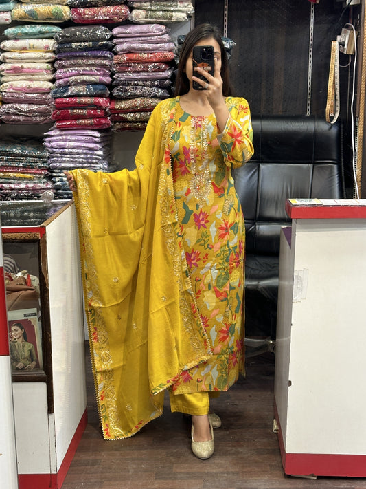 Multi Printed Neck Embroidered Pure Muslin Kurta Pant Suit with lining and Full embroidered Muslin Dupatta