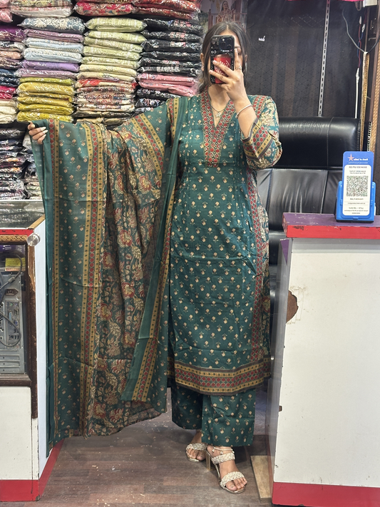 V Neck Pure Cotton Full Printed Anarkali Suit with Pant and Full Cotton Duppata