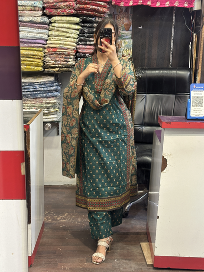 V Neck Pure Cotton Full Printed Anarkali Suit with Pant and Full Cotton Duppata