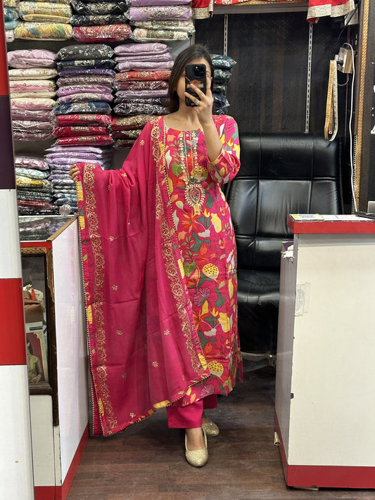 Multi Printed Neck Embroidered Pure Muslin Kurta Pant Suit with lining and Full embroidered Muslin Dupatta