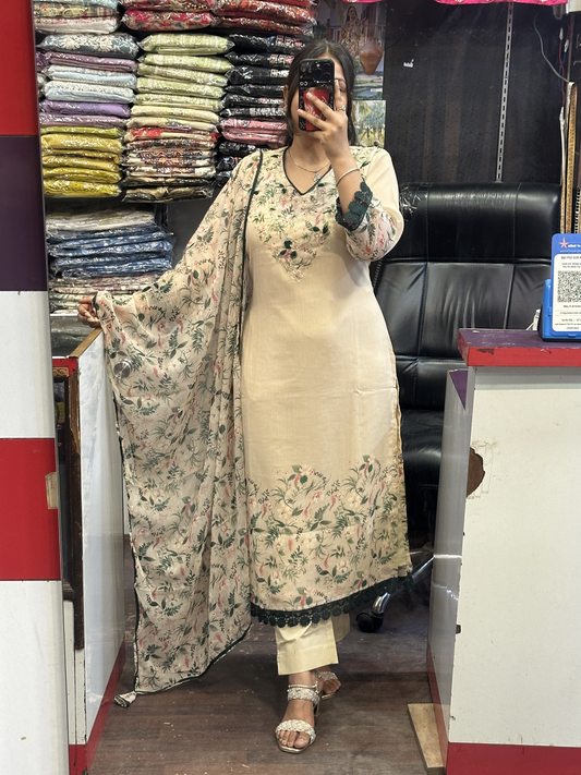 Festival Special 3pc Suit in Soft Chiffon Embroidered with Lining Pant and Printed Full Dupatta