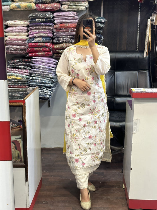 Off White Hand Embroidery Cotton Kurta with Lining, Pant & Pure contrast Dupatta