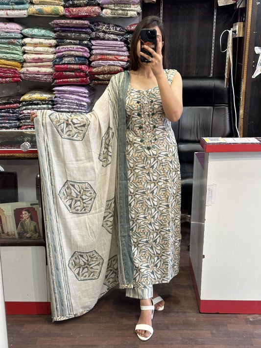 Printed Cotton Pant Suit with Cotton Dupatta Full Sleeve Attached Inside