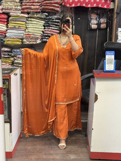 Rust V Neck Mirror Handwork Pure Chinnon 3pc Dress with Lining & Embroidered Full Flared Divider Handwork with Designer Handwork Sleeves and Full Pure Chinnon Dupatta