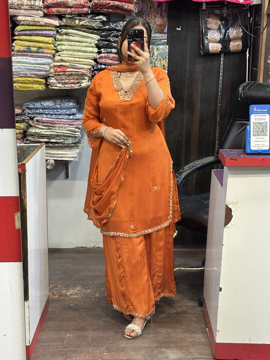 Rust V Neck Mirror Handwork Pure Chinnon 3pc Dress with Lining & Embroidered Full Flared Divider Handwork with Designer Handwork Sleeves and Full Pure Chinnon Dupatta