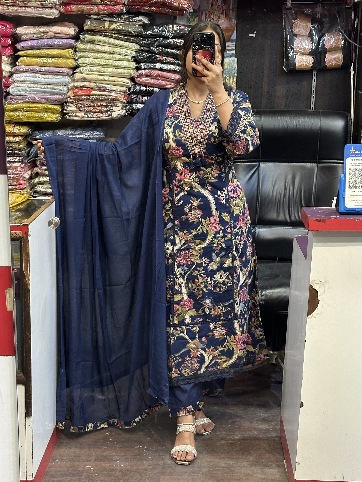 🌷 Summer Cool Blue Pure Cotton Aline Suit with Full Pure Cotton Dupatta and Plazo