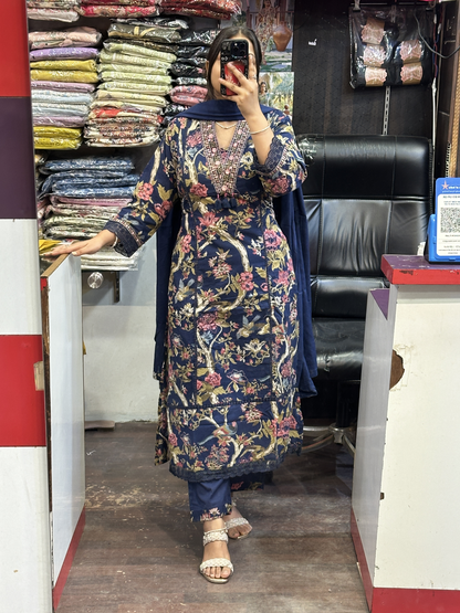 🌷 Summer Cool Blue Pure Cotton Aline Suit with Full Pure Cotton Dupatta and Plazo