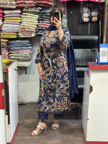 🌷 Summer Cool Blue Pure Cotton Aline Suit with Full Pure Cotton Dupatta and Plazo
