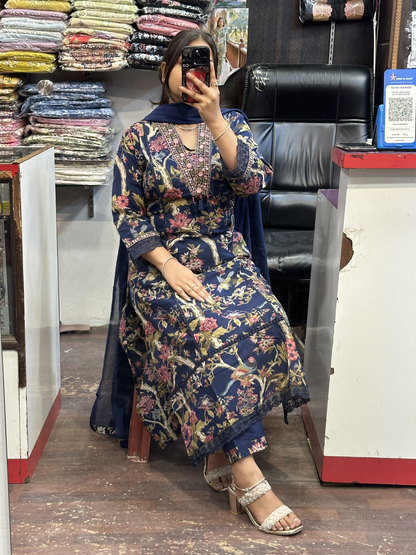 🌷 Summer Cool Blue Pure Cotton Aline Suit with Full Pure Cotton Dupatta and Plazo