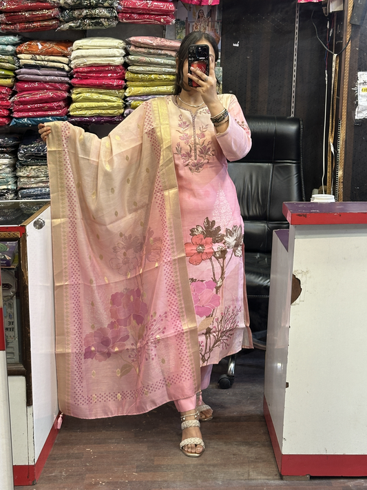 Peach Silk Slub Digital Print Suit with Machine Work in Neckline Having Handmade Tessels with Cotton Lining with Pant & Full Digital Dupatta