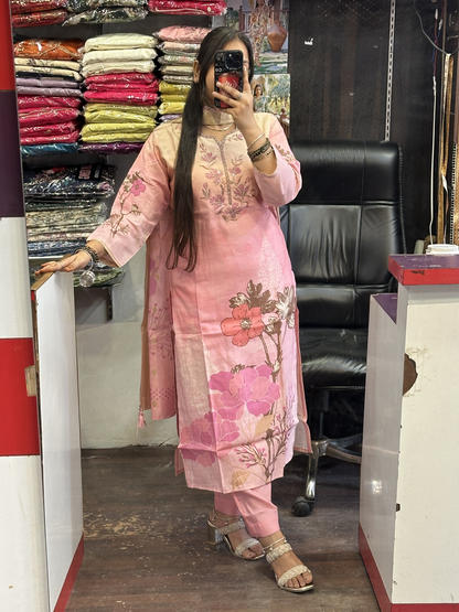 Peach Silk Slub Digital Print Suit with Machine Work in Neckline Having Handmade Tessels with Cotton Lining with Pant & Full Digital Dupatta