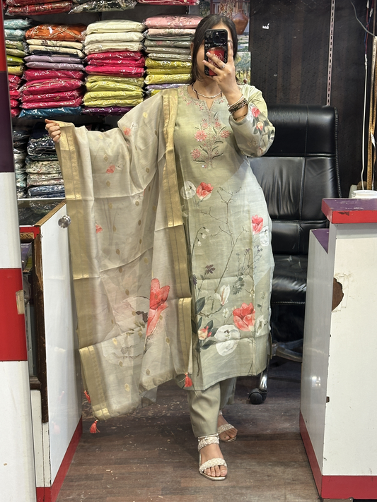 Silk Slub Digital Print Suit with Machine Work in Neckline Having Handmade Tessels with Cotton Lining with Pant & Full Digital Dupatta