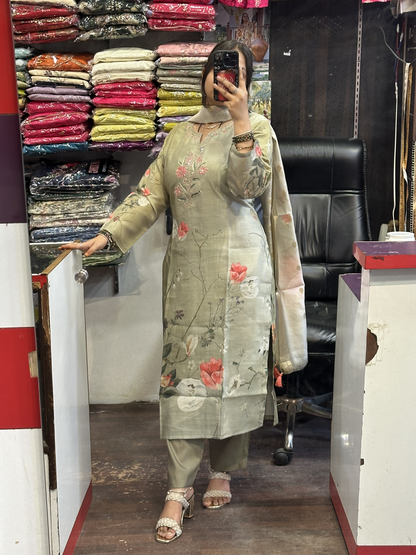 Silk Slub Digital Print Suit with Machine Work in Neckline Having Handmade Tessels with Cotton Lining with Pant & Full Digital Dupatta