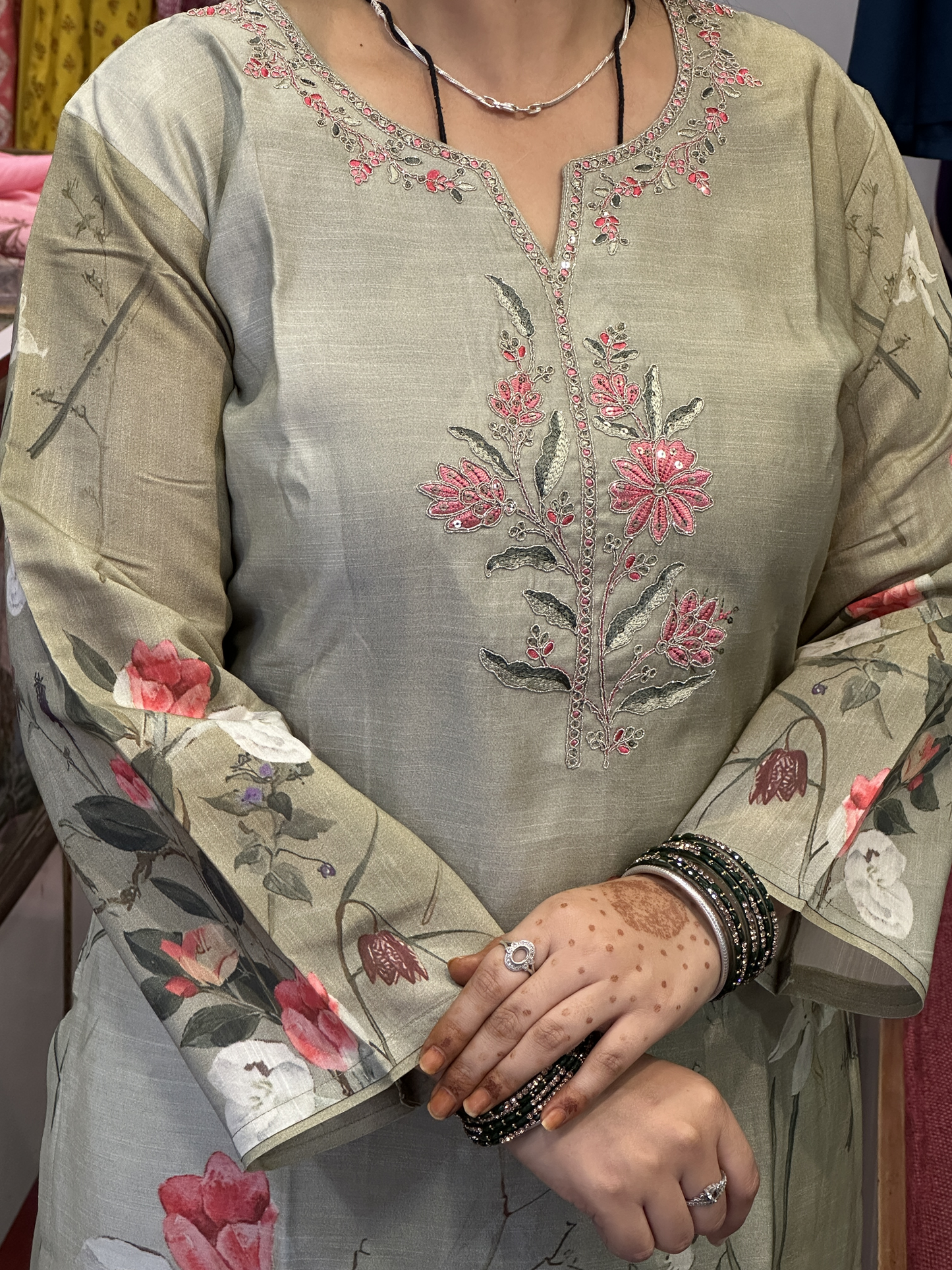 Silk Slub Digital Print Suit with Machine Work in Neckline Having Handmade Tessels with Cotton Lining with Pant & Full Digital Dupatta