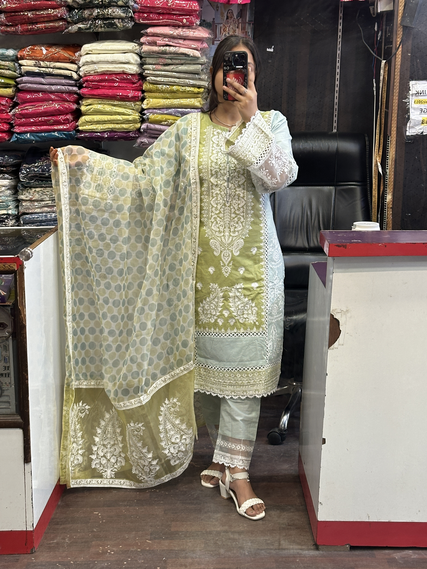Olive Green Cotton Heavy Embroidered Kashmiri Suit with Beautiful Embroidered Duppata