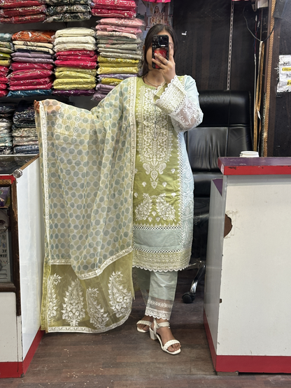 Olive Green Cotton Heavy Embroidered Kashmiri Suit with Beautiful Embroidered Duppata