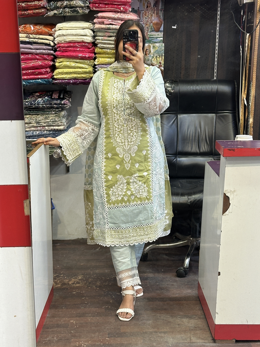 Olive Green Cotton Heavy Embroidered Kashmiri Suit with Beautiful Embroidered Duppata