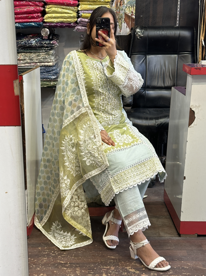Olive Green Cotton Heavy Embroidered Kashmiri Suit with Beautiful Embroidered Duppata