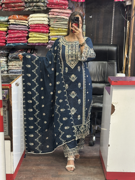 Navy Blue Premium Pure Cotton Embroidered Pakistani Suit with Designer Sleeves and Embroidered Plazo Along Side Full Pure Cotton Embroidered Dupatta