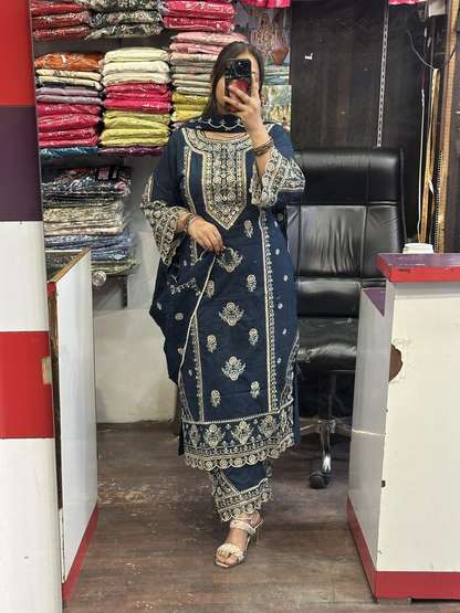 Navy Blue Premium Pure Cotton Embroidered Pakistani Suit with Designer Sleeves and Embroidered Plazo Along Side Full Pure Cotton Embroidered Dupatta