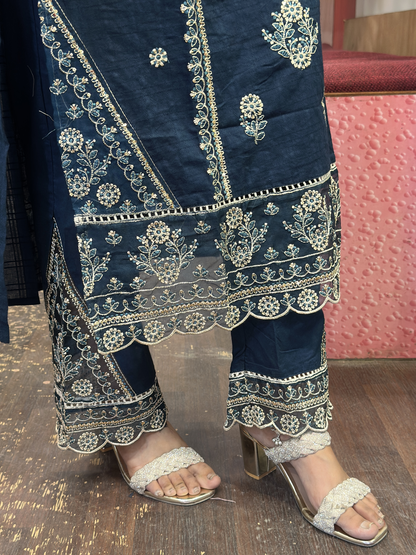 Navy Blue Premium Pure Cotton Embroidered Pakistani Suit with Designer Sleeves and Embroidered Plazo Along Side Full Pure Cotton Embroidered Dupatta