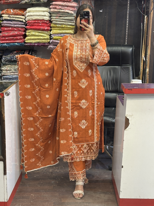 Rust Premium Pure Cotton Embroidered Pakistani Suit with Designer Sleeves and Embroidered Plazo Along Side Full Pure Cotton Embroidered Dupatta
