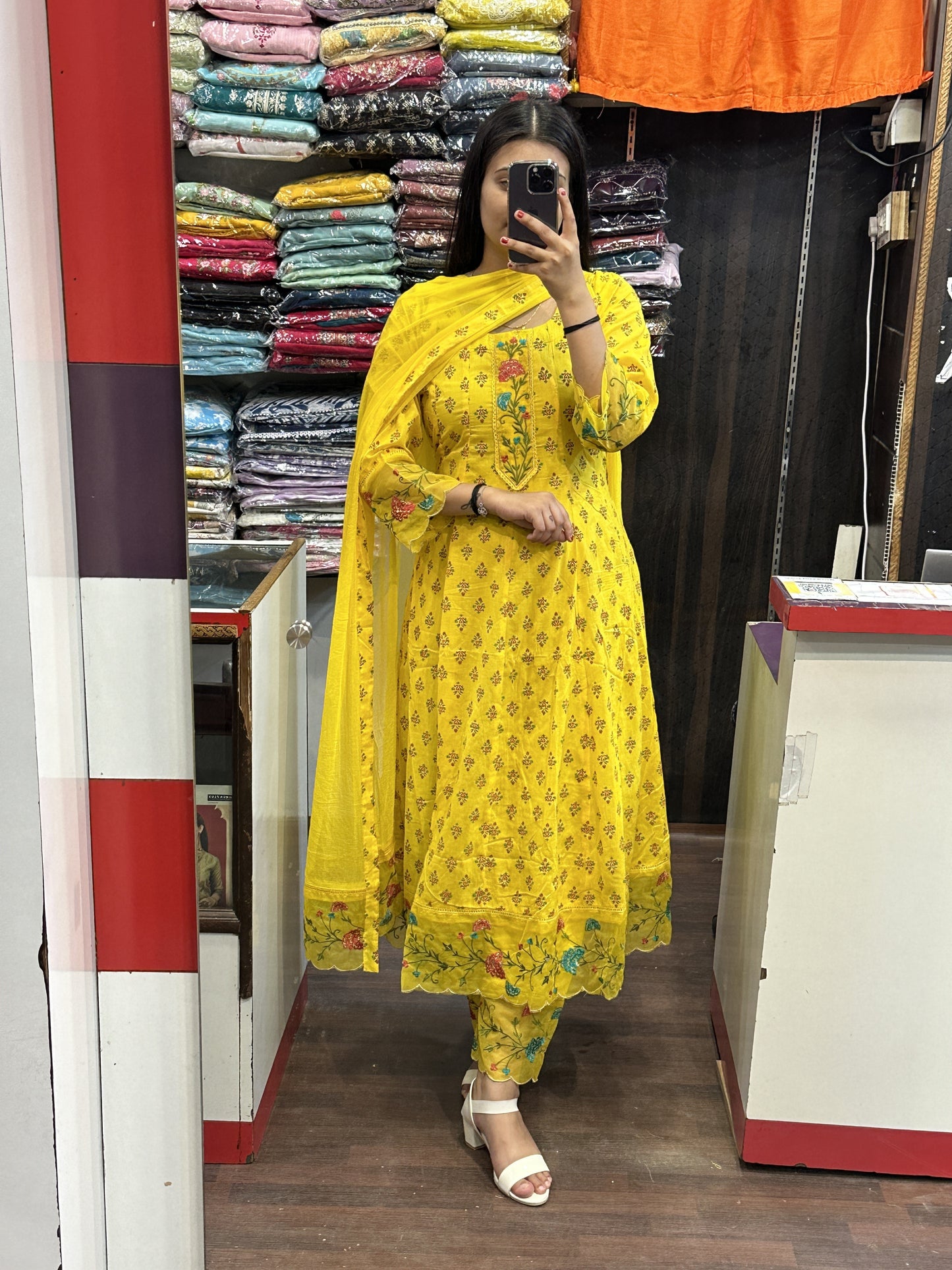 Yellow Printed Pure Cotton Embroided Anarkali Suit With Designer Pant And Chiffon Dupatta