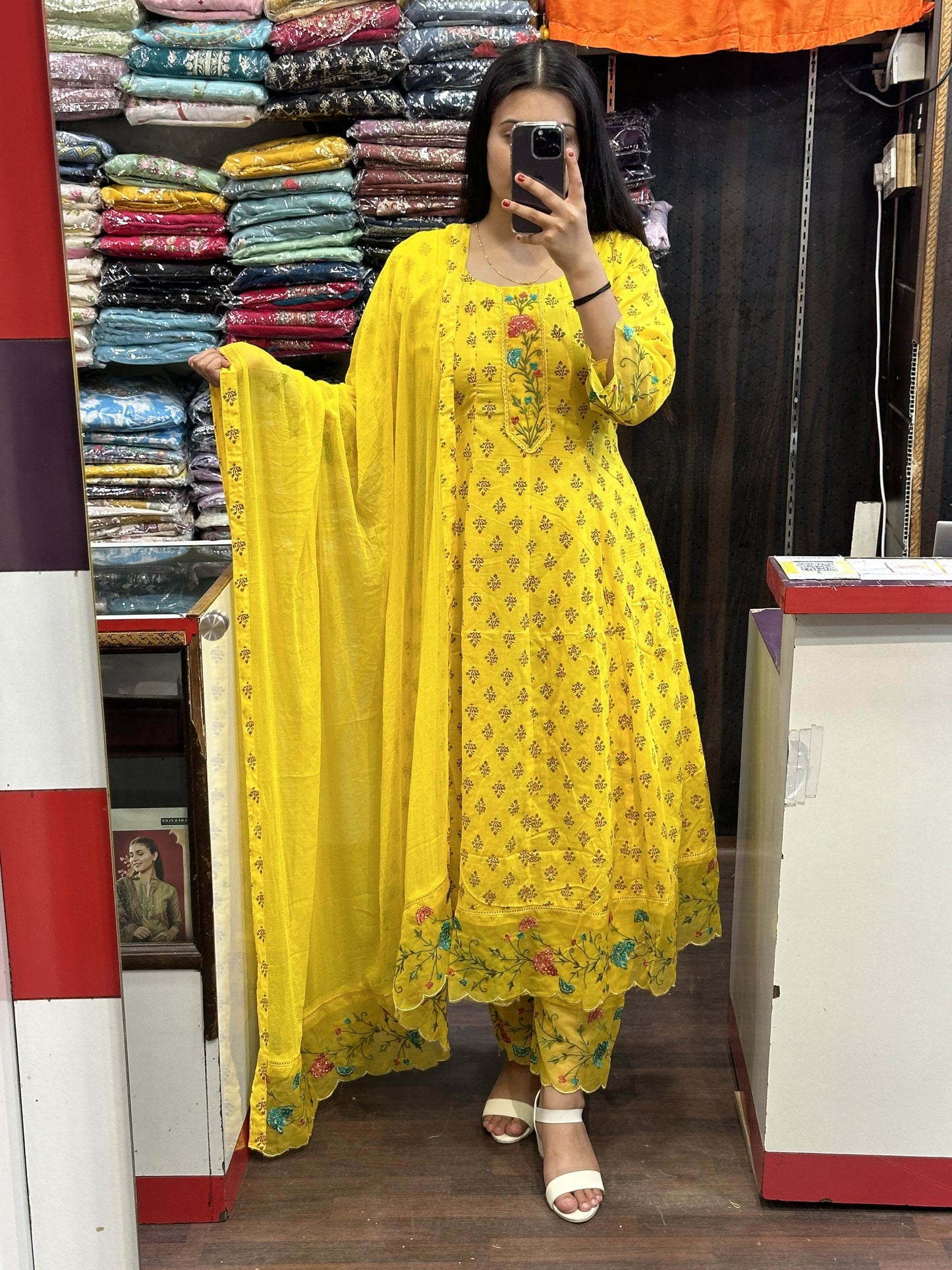 Yellow Printed Pure Cotton Embroided Anarkali Suit With Designer Pant And Chiffon Dupatta