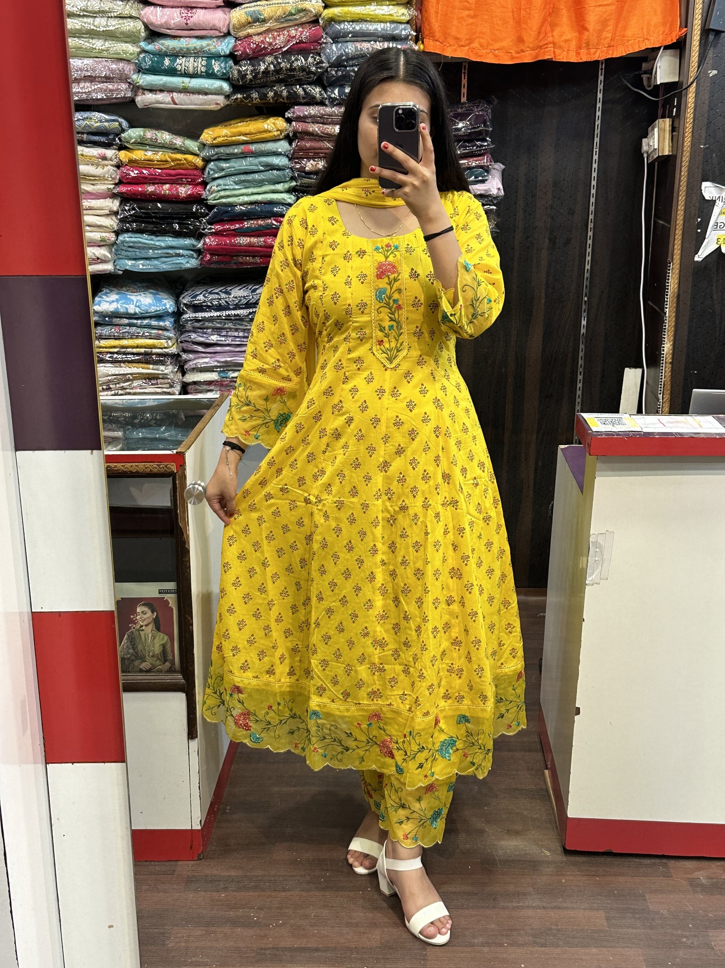 Yellow Printed Pure Cotton Embroided Anarkali Suit With Designer Pant And Chiffon Dupatta