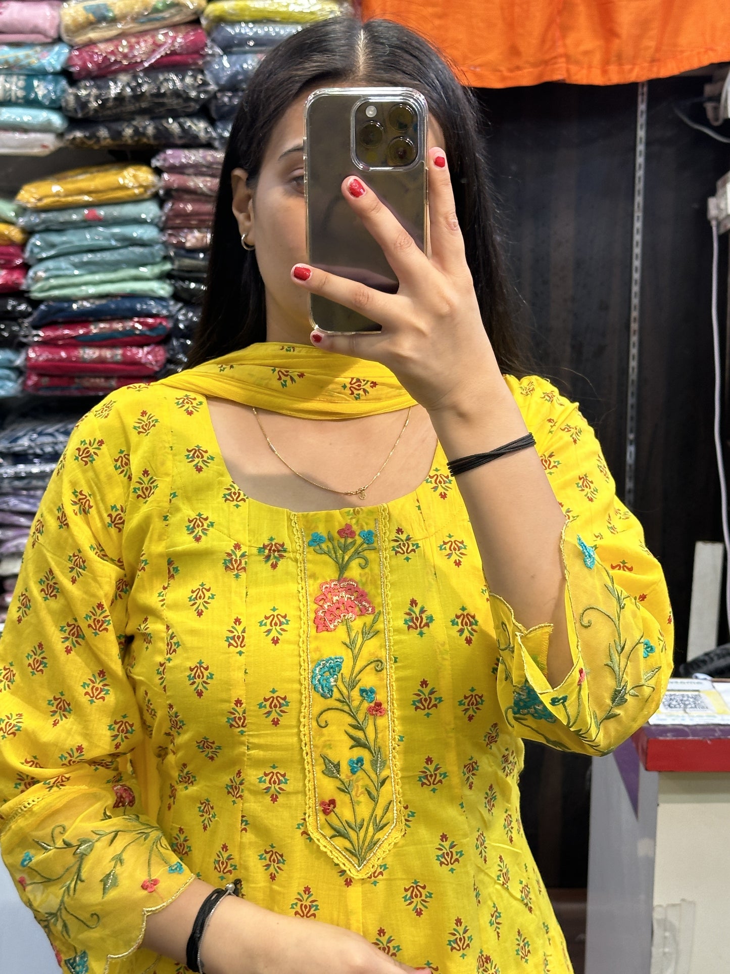 Yellow Printed Pure Cotton Embroided Anarkali Suit With Designer Pant And Chiffon Dupatta